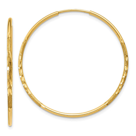 14k Yellow Gold Hoop Earrings, Lightweight Polished and Textured Diamond Cut Design