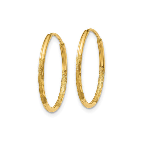 14k Yellow Gold Hoop Earrings, Textured Diamond Cut Satin Finish, Lightweight Endless Style