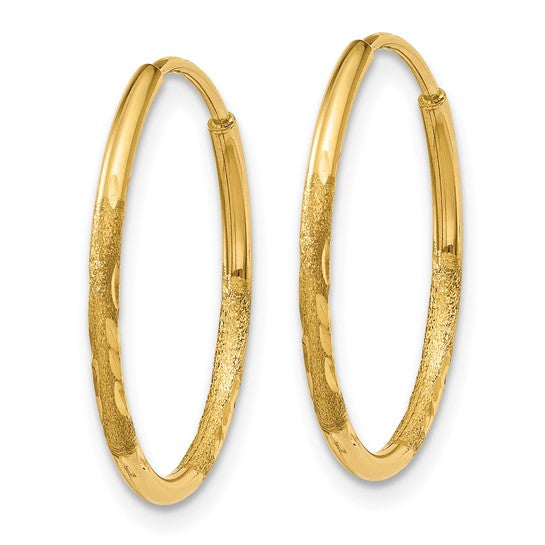 14k Yellow Gold Hoop Earrings, Textured Diamond Cut Satin Finish, Lightweight Endless Style