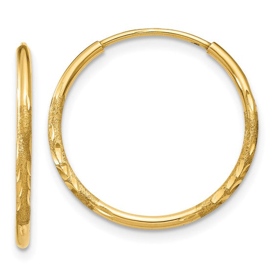14k Yellow Gold Hoop Earrings, Textured Diamond Cut Satin Finish, Lightweight Endless Style