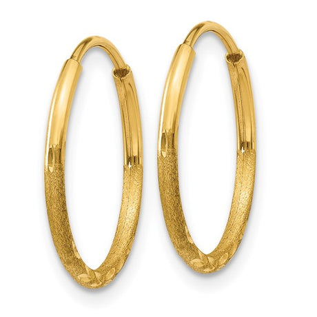 14k Yellow Gold Hoop Earrings with Subtle Diamond Cut Texture, Lightweight Minimalist Design