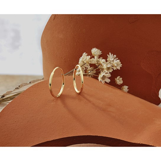 14k Yellow Gold Hoop Earrings with Subtle Diamond Cut Texture, Lightweight Minimalist Design