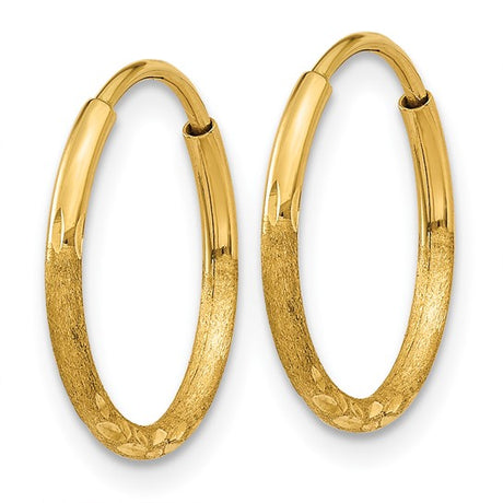 14k Yellow Gold Hoop Earrings, Diamond Cut and Textured Round Design for Women