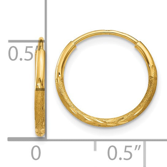 14k Yellow Gold Hoop Earrings, Diamond Cut and Textured Round Design for Women