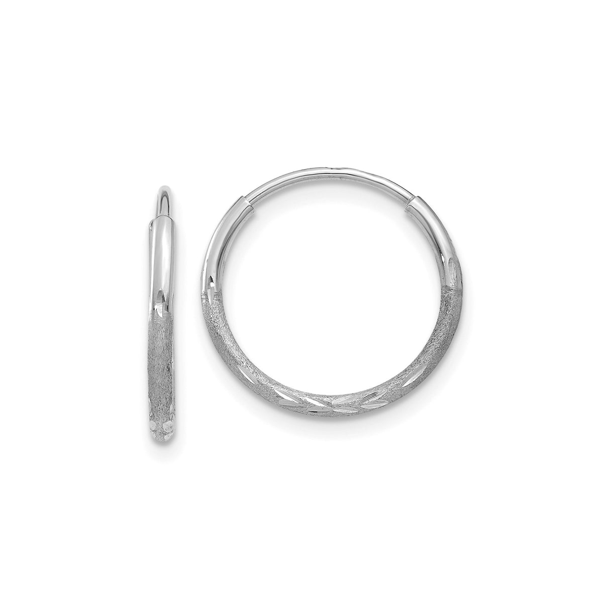 14k White Gold Hoop Earrings, Textured Diamond Cut Design, Lightweight Medium Style