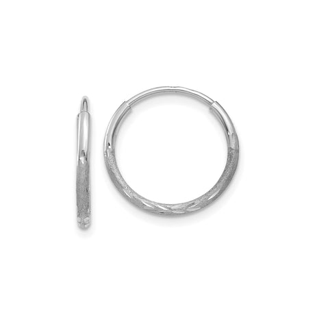 14k White Gold Hoop Earrings, Textured Diamond Cut Design, Lightweight Medium Style