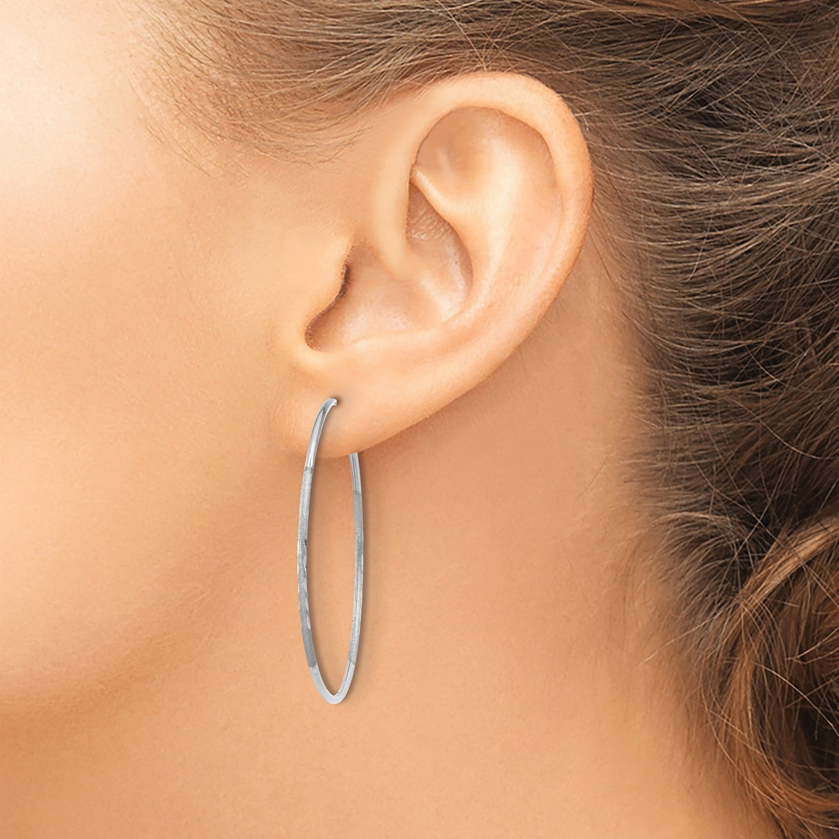 14k White Gold Hoop Earrings, Large Lightweight Design with Diamond Cut Texture, Minimalist Style