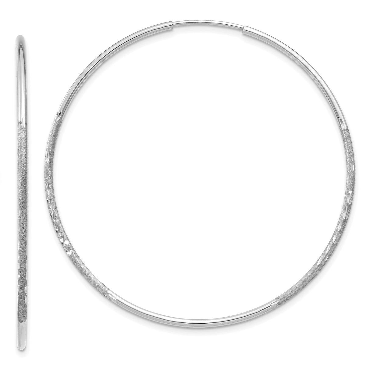 14k White Gold Hoop Earrings, Textured with Diamond Cut Detailing, Lightweight Round Design