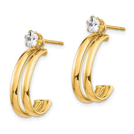 14K Yellow Gold Double Hoop Earrings With Round CZ Studs