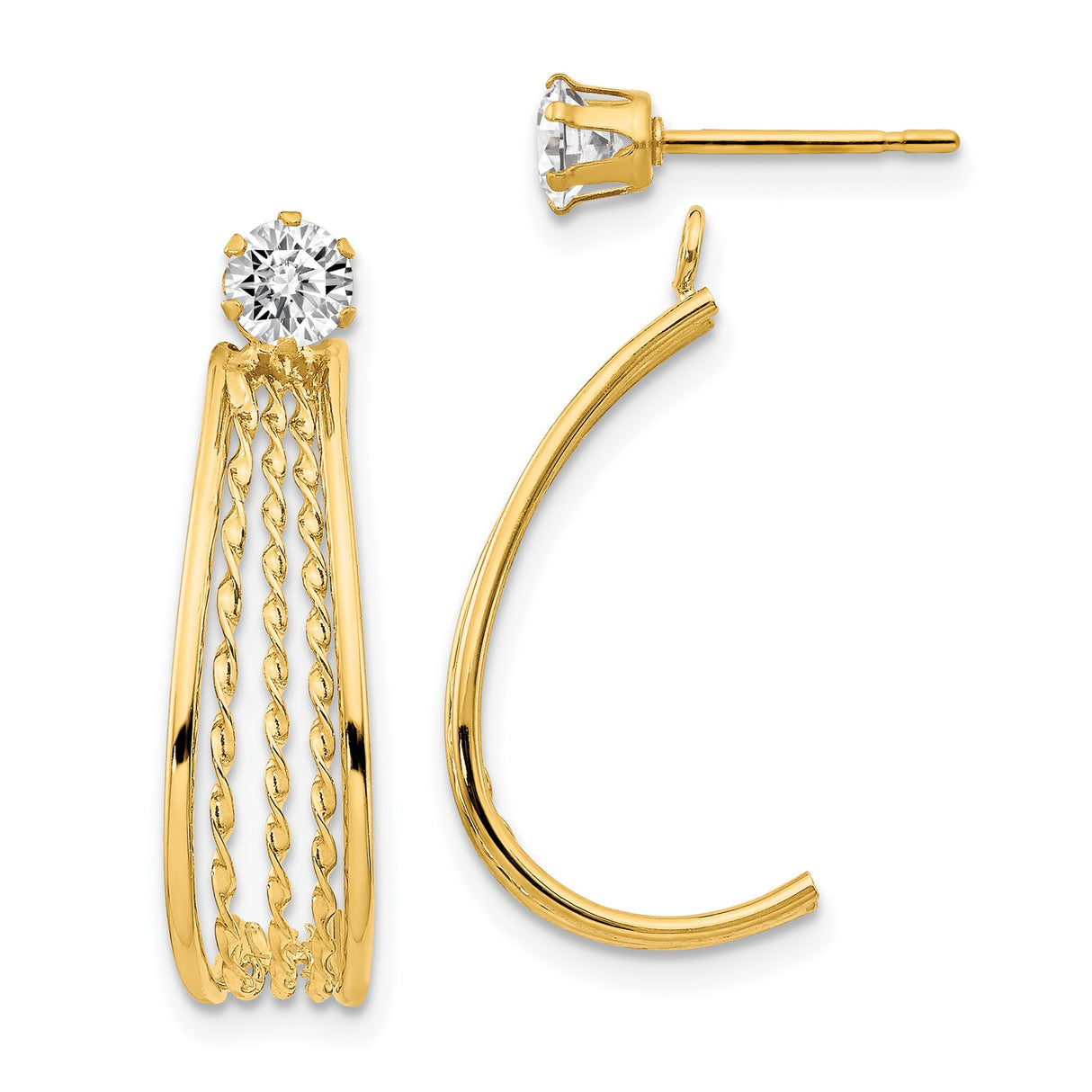 14k Yellow Gold Dangle Earrings with Cubic Zirconia, Twisted Rope Design, Lightweight Drop Hoops