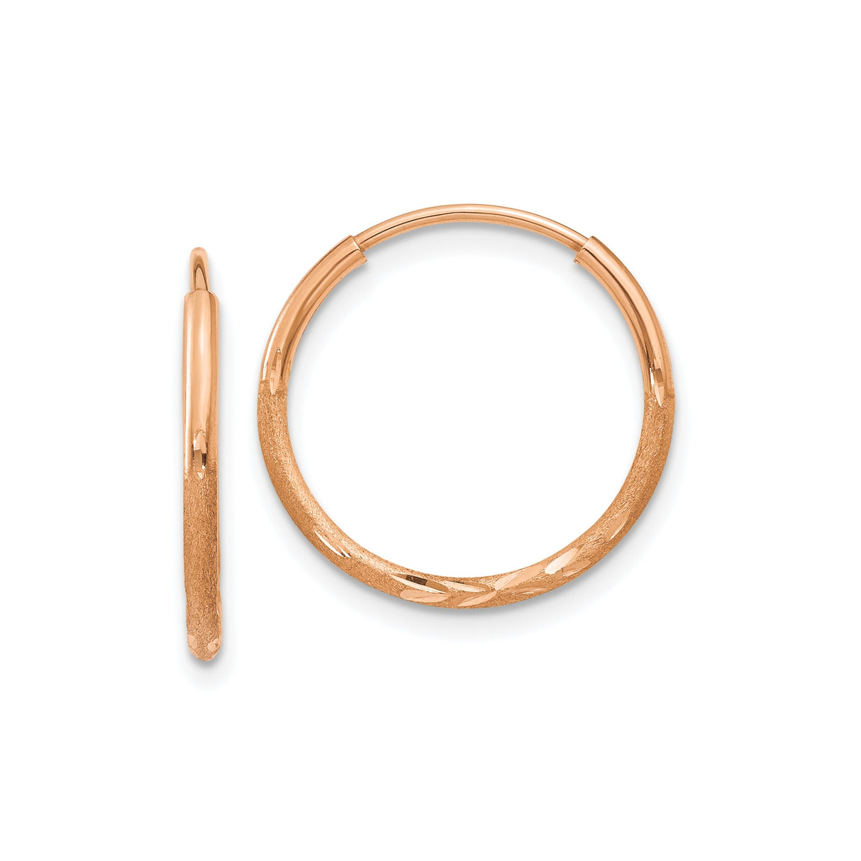 14k Rose Gold Hoop Earrings, Diamond Cut Textured Round Hoops with Polished Finish