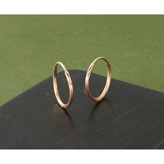 14k Rose Gold Hoop Earrings, Textured Diamond-Cut Leaf Pattern, Lightweight Polished Finish