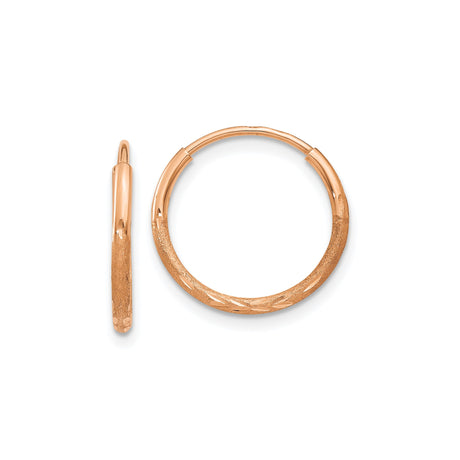 14k Rose Gold Hoop Earrings, Textured Diamond-Cut Leaf Pattern, Lightweight Polished Finish