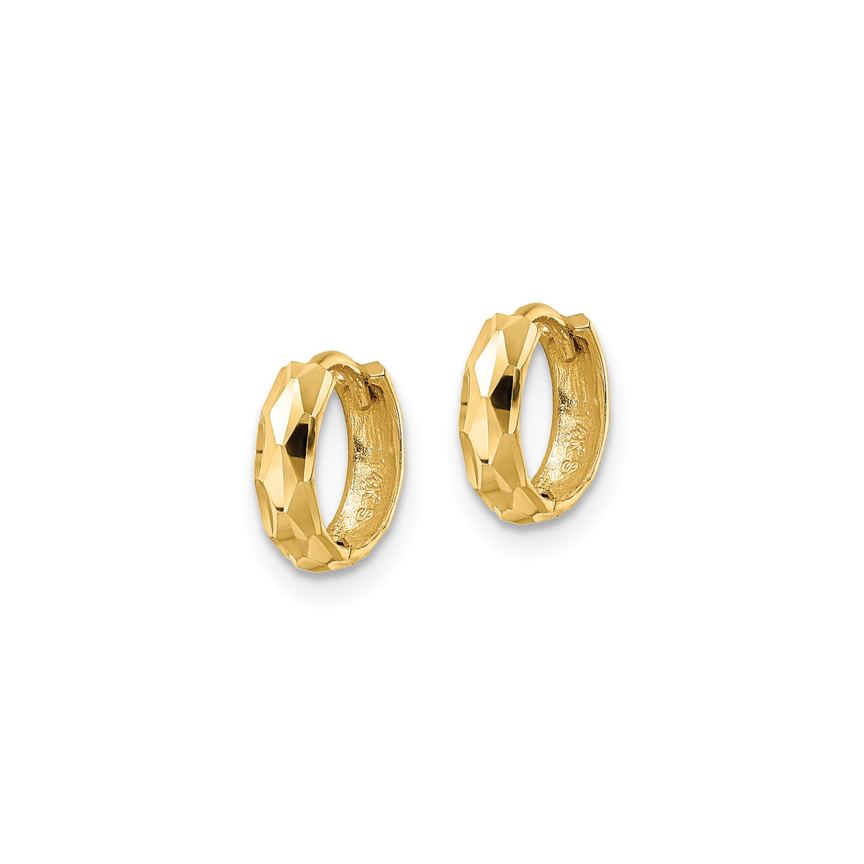 14k Yellow Gold Hoop Earrings, Faceted and Textured Design with Polished Geometric Style for Women