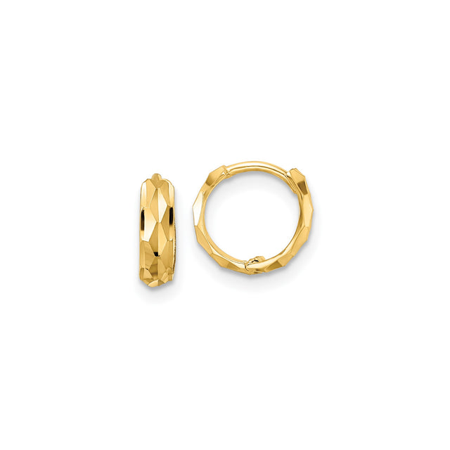 14k Yellow Gold Hoop Earrings, Faceted and Textured Design with Polished Geometric Style for Women