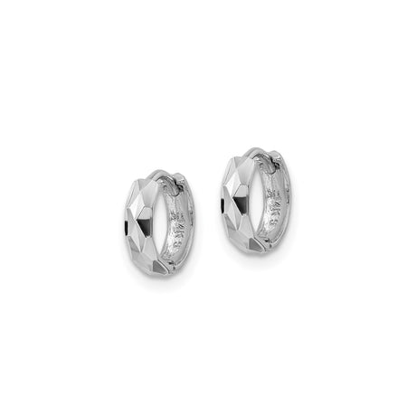 14k White Gold Hoop Earrings, Faceted Diamond-Cut Geometric Design, Polished Lightweight Style