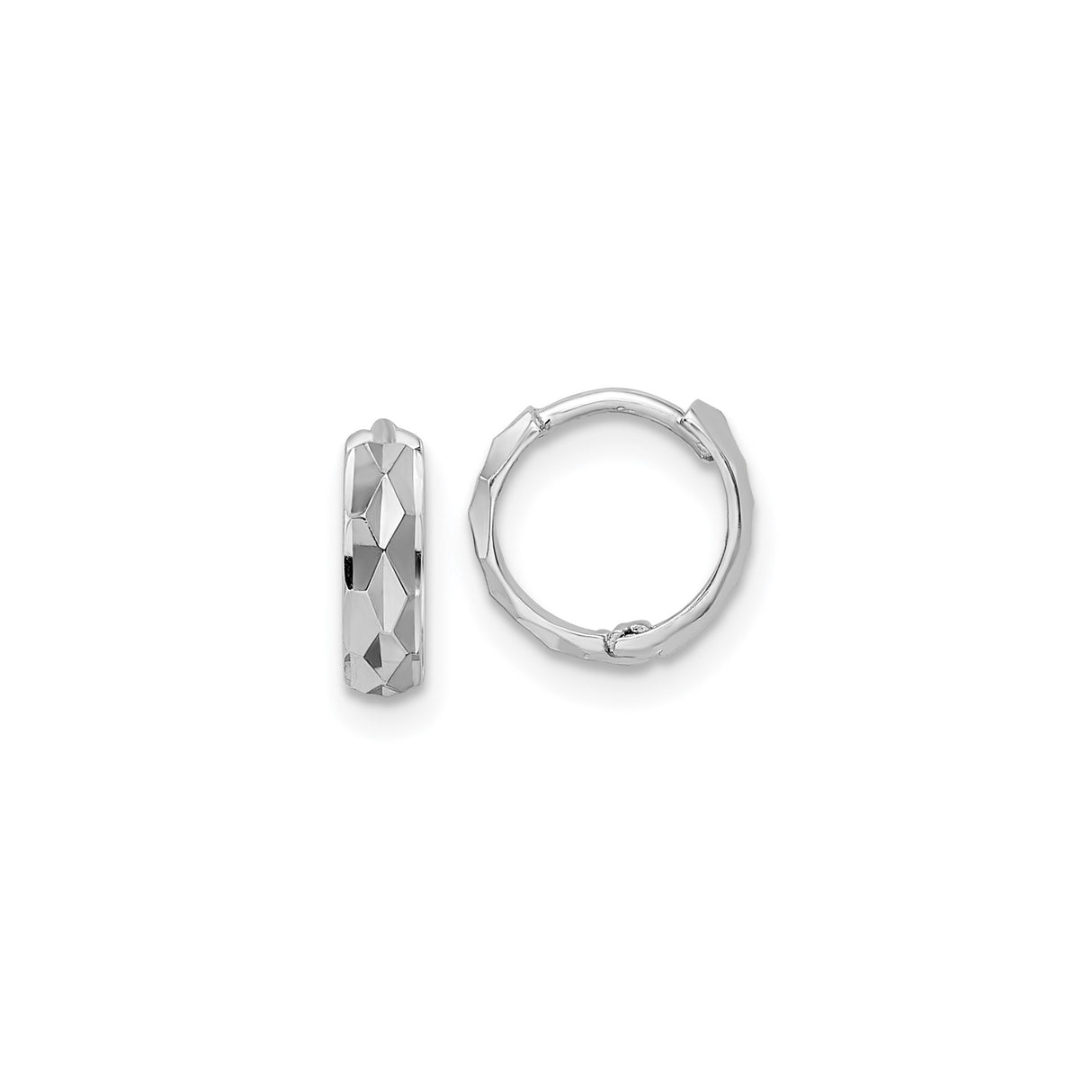 14k White Gold Hoop Earrings, Faceted Diamond-Cut Geometric Design, Polished Lightweight Style