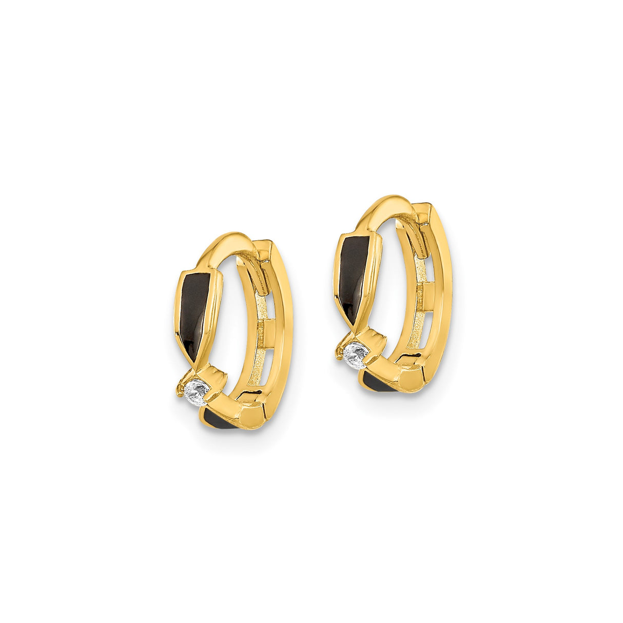 14k Yellow Gold Hoop Earrings with Cubic Zirconia and Black Onyx Enamel Inlay, Crisscross Design