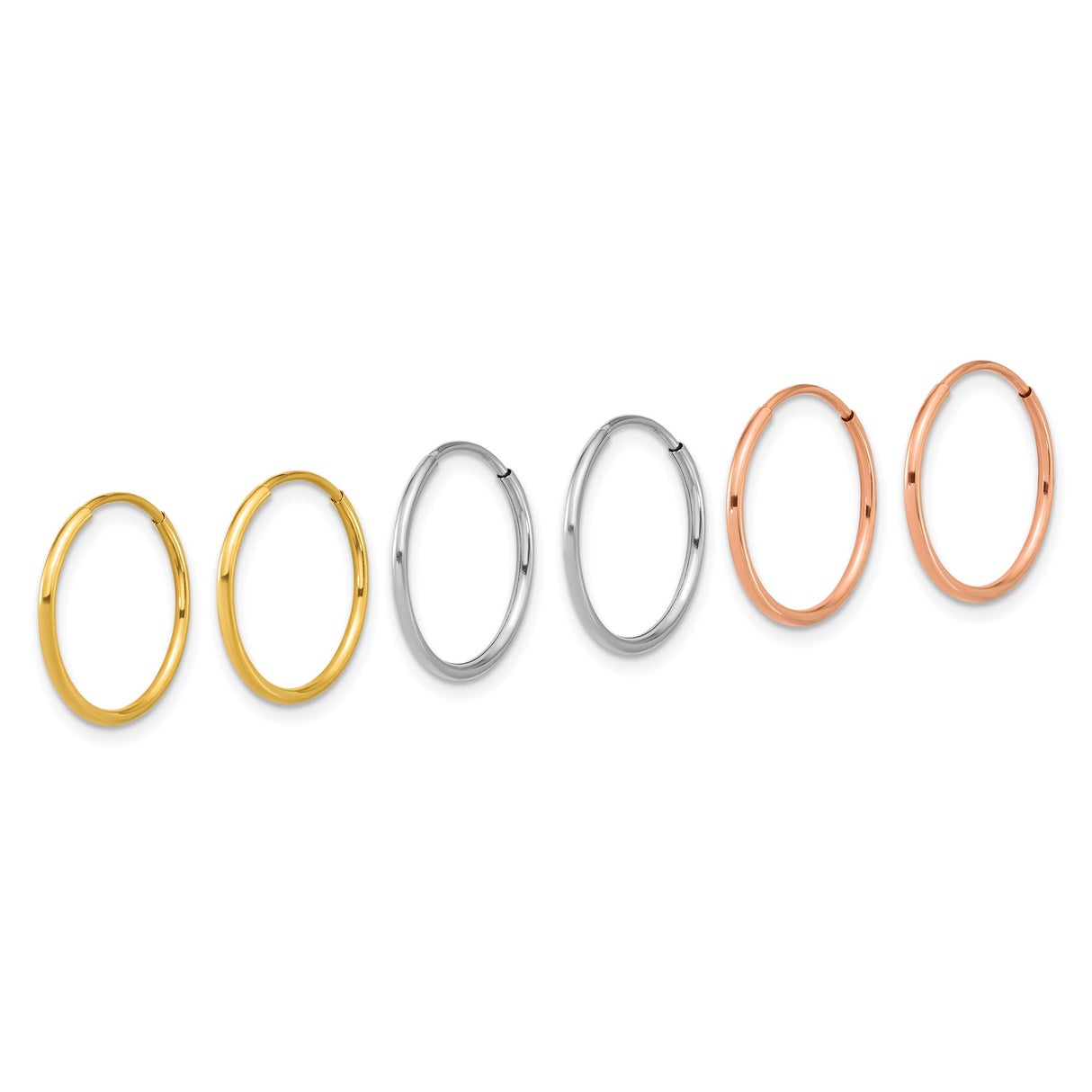 14k Tri Color Gold Hoop Earrings, Yellow, White, Rose, Minimalist Lightweight Design