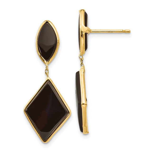 14k Yellow Gold Dangle Earrings with Black Onyx, Marquise and Geometric Drop Design