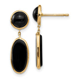 14k Yellow Gold Dangle Earrings with Oval and Round Onyx, Modern Drop Design for Women