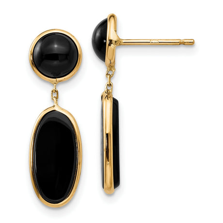 14k Yellow Gold Dangle Earrings with Oval and Round Onyx, Modern Drop Design for Women