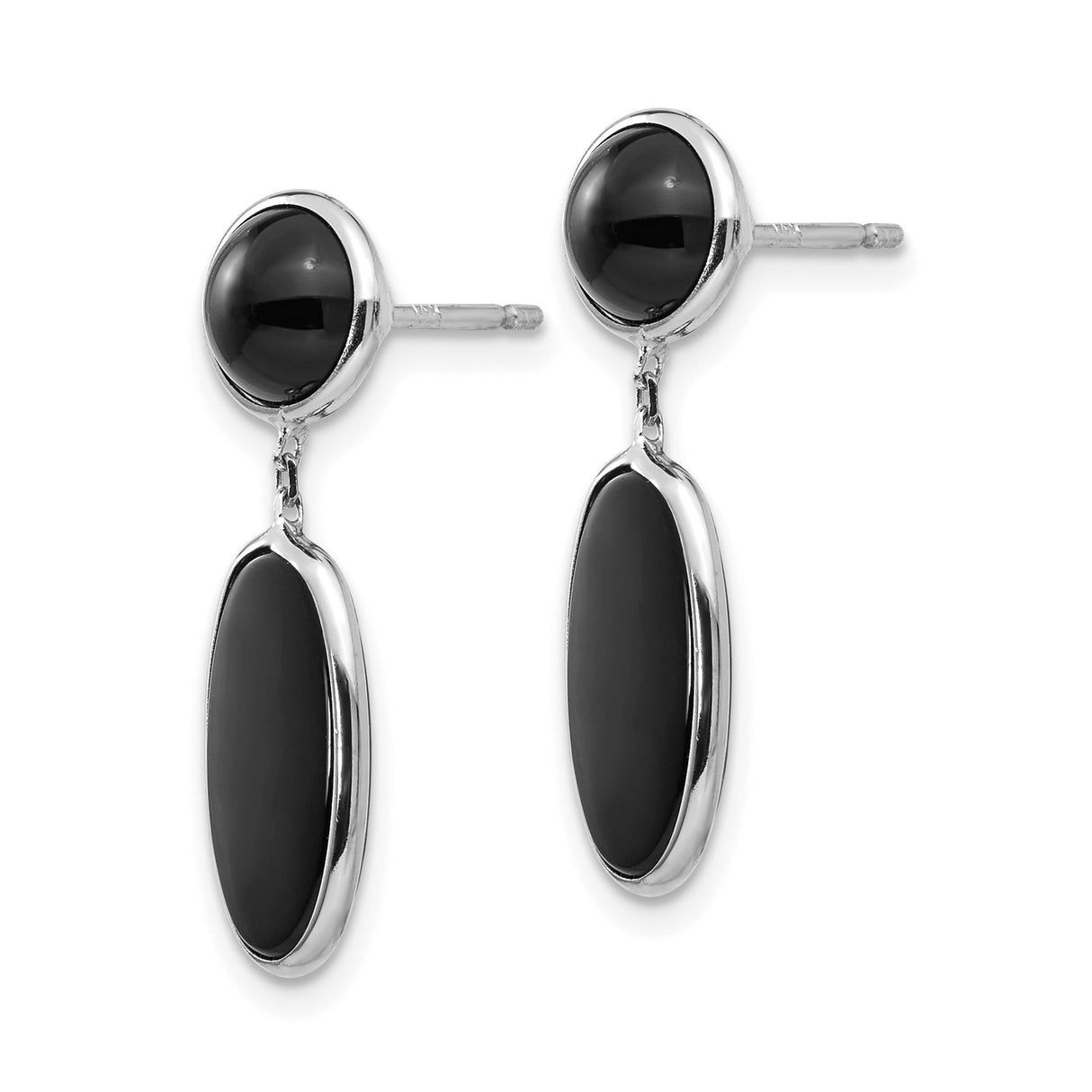 14k White Gold Dangle Earrings with Black Onyx, Oval and Round Minimalist Drop Design