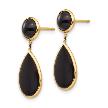 14k Yellow Gold Dangle Earrings with Black Onyx Teardrop and Round Design