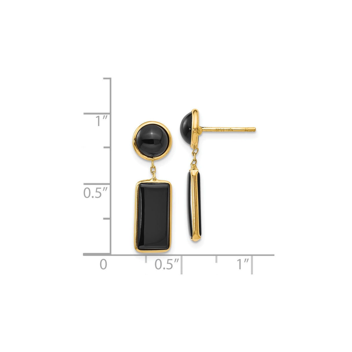 14k Yellow Gold Dangle Earrings with Round and Rectangular Onyx, Modern Drop Style