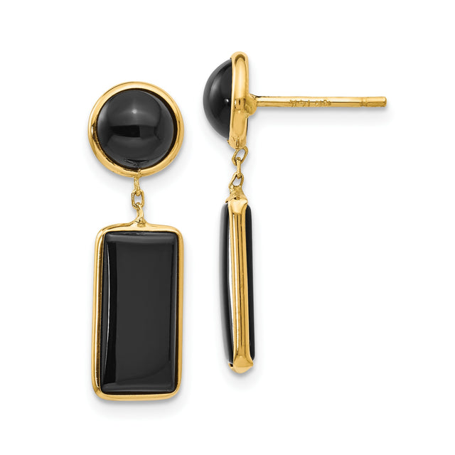 14k Yellow Gold Dangle Earrings with Round and Rectangular Onyx, Modern Drop Style