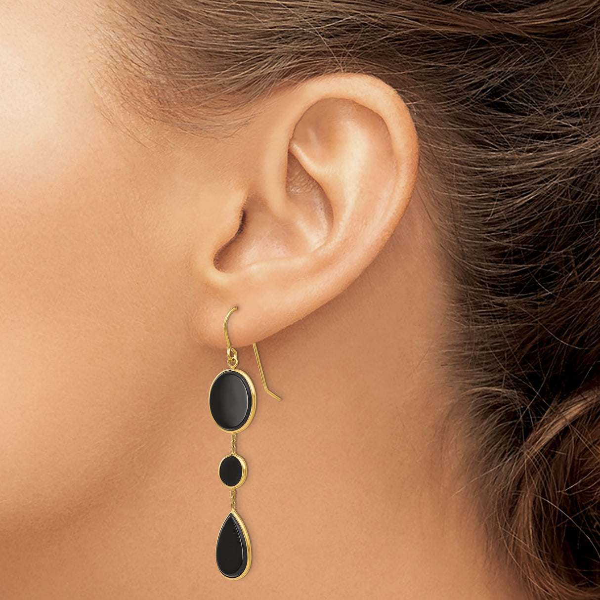 14k Yellow Gold Dangle Earrings with Black Onyx in Oval, Round, and Teardrop Shapes