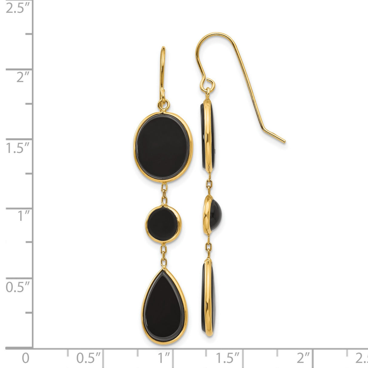 14k Yellow Gold Dangle Earrings with Black Onyx in Oval, Round, and Teardrop Shapes