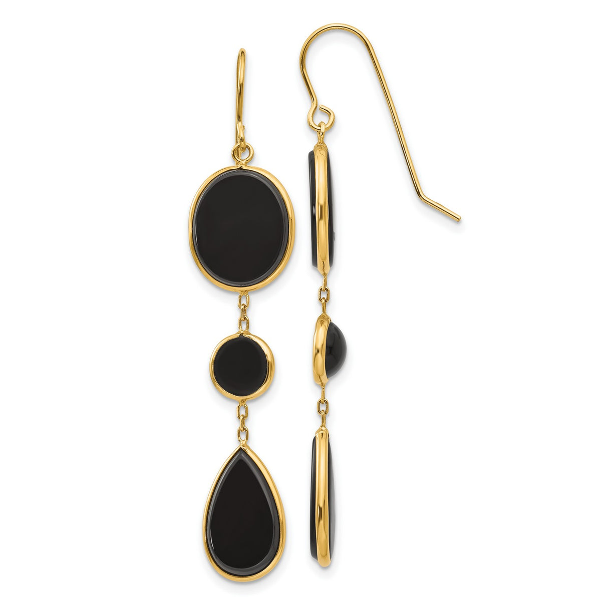 14k Yellow Gold Dangle Earrings with Black Onyx in Oval, Round, and Teardrop Shapes