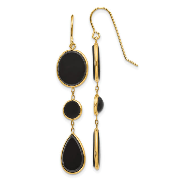 14k Yellow Gold Dangle Earrings with Black Onyx in Oval, Round, and Teardrop Shapes