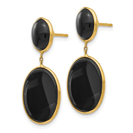 14k Yellow Gold Dangle Earrings with Black Onyx Double Ovals, Modern Minimalist Design