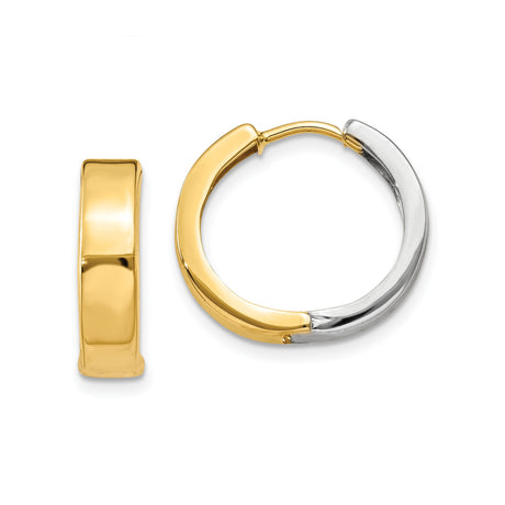 14k Yellow and White Gold Hoop Earrings, Two-Tone Polished Hinged Design for Women