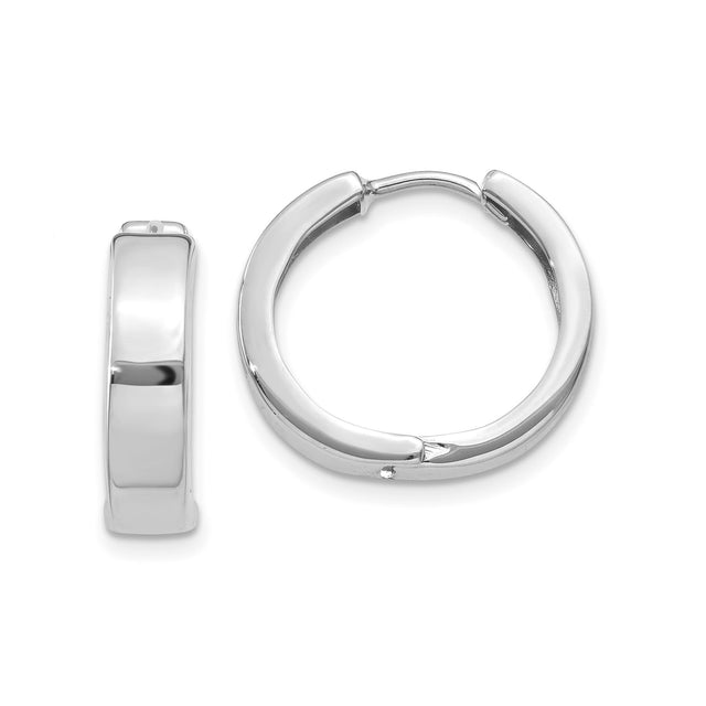 14k White Gold Hoop Earrings, High Polish Hinged Round Minimalist Design for Women