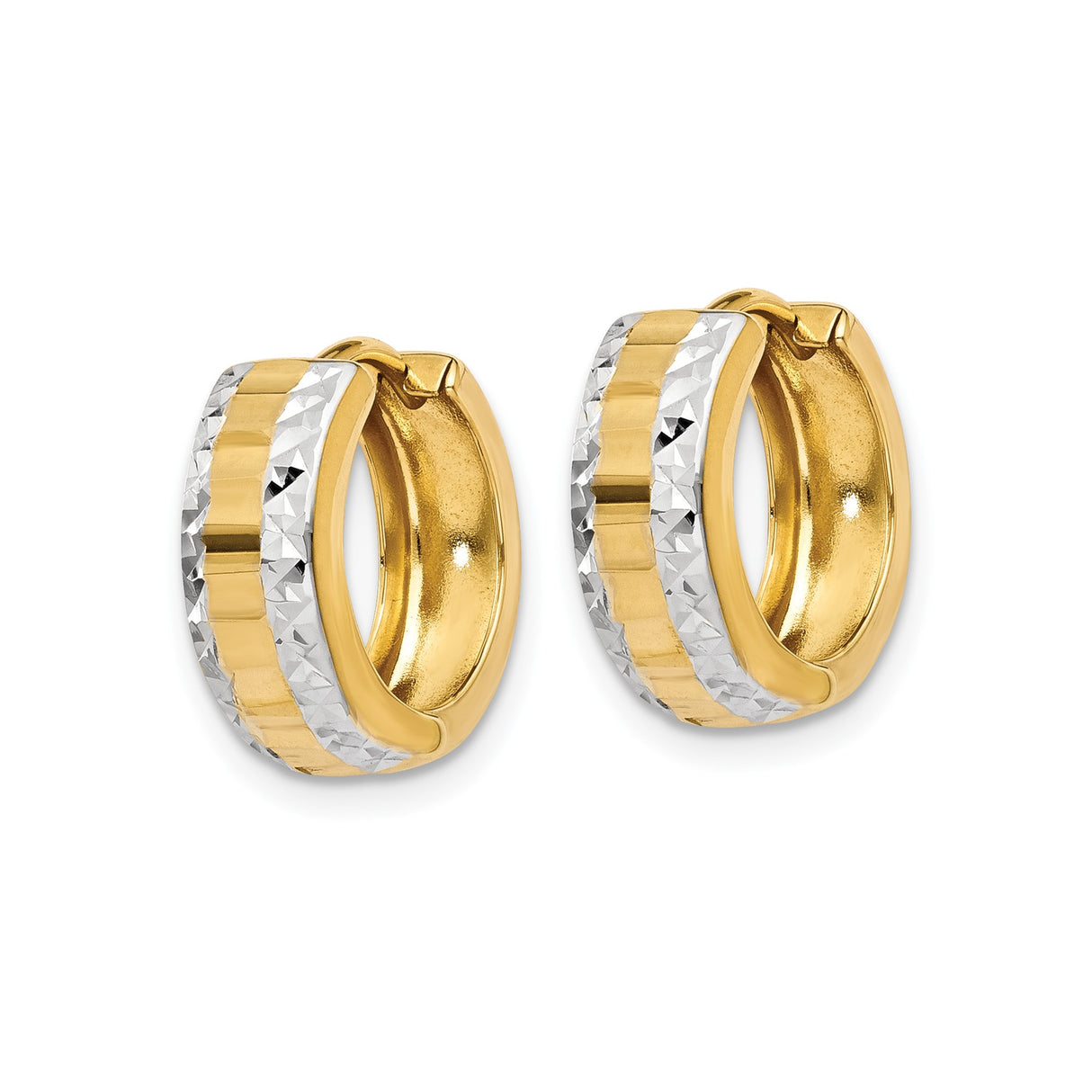 14k Yellow Gold and Rhodium Hoop Earrings, Two-Tone Diamond Cut Huggie Style for Women