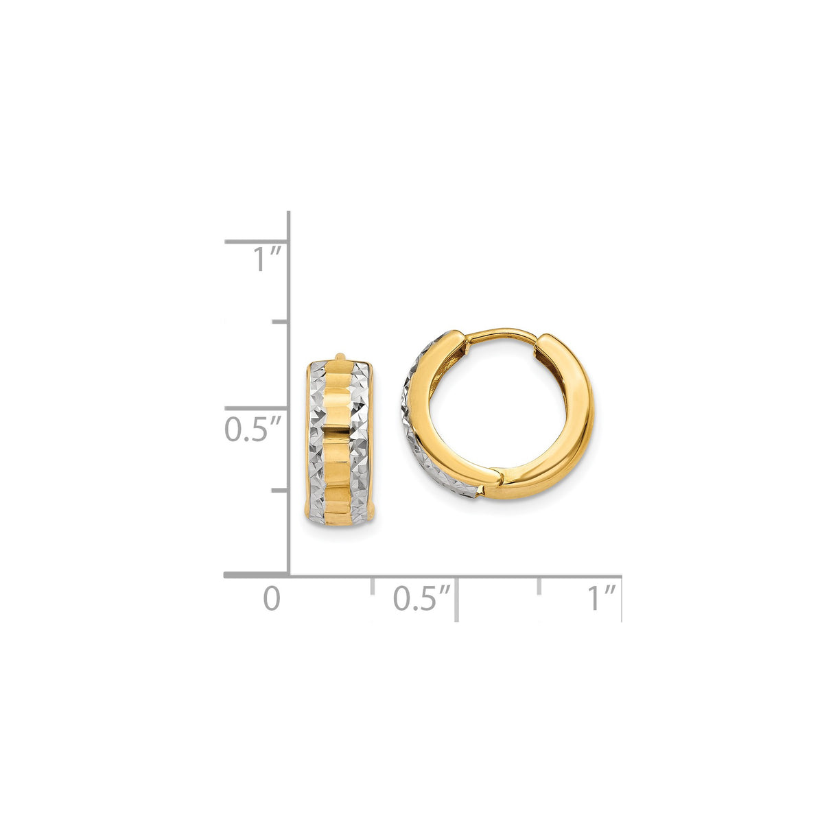14k Yellow Gold and Rhodium Hoop Earrings, Two-Tone Diamond Cut Huggie Style for Women
