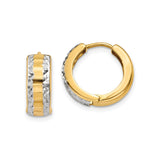 14k Yellow Gold and Rhodium Hoop Earrings, Two-Tone Diamond Cut Huggie Style for Women
