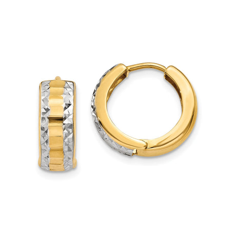 14k Yellow Gold and Rhodium Hoop Earrings, Two-Tone Diamond Cut Huggie Style for Women