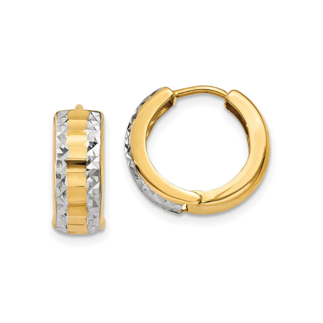 14k Yellow Gold and Rhodium Hoop Earrings, Two-Tone Diamond Cut Huggie Style for Women
