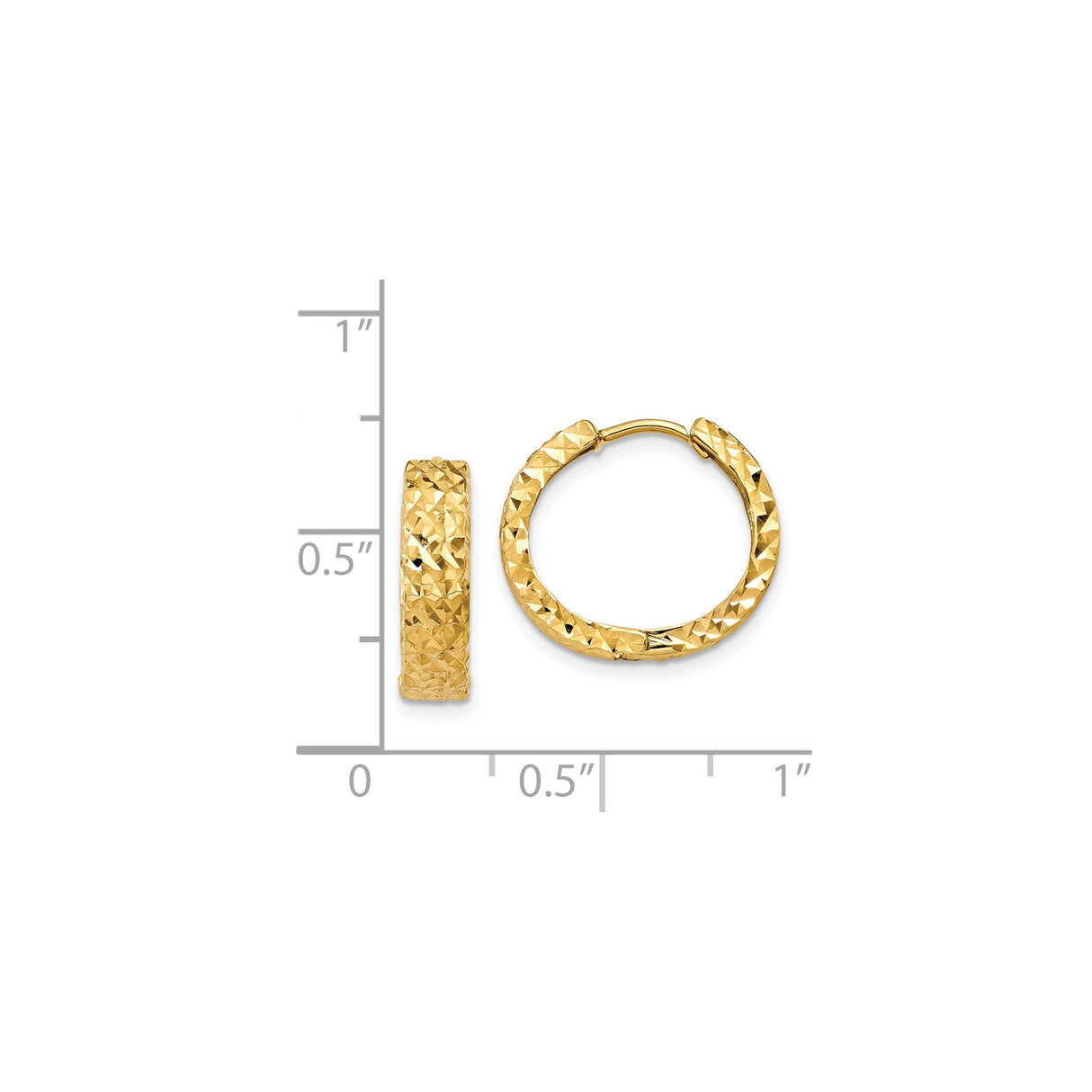 14k Yellow Gold Hoop Earrings, Diamond Cut Textured Round Huggie Style, Polished Finish for Women
