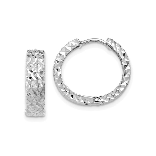14k White Gold Hoop Earrings with Textured Diamond-Cut Design, Classic Polished Huggie Style