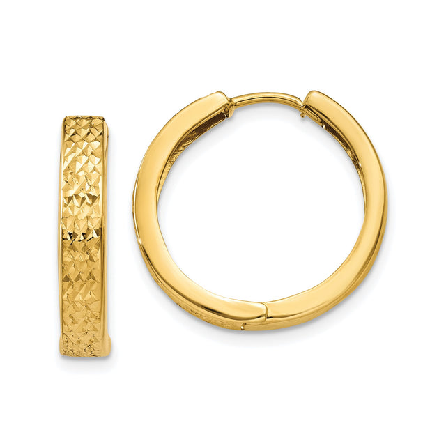 14k Yellow Gold Hoop Earrings, Diamond Cut Round Hoops with Polished Finish for Women