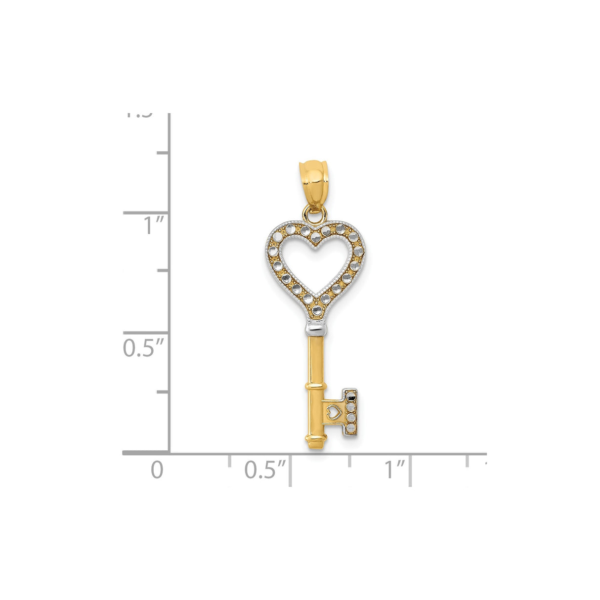 14k Multi-Tone Gold Key Pendant with Heart Shaped Top and Diamond Cut Detailing