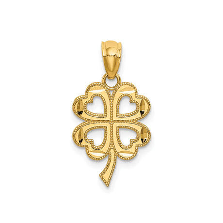 14k Yellow Gold Four-Leaf Clover Pendant with Heart-Shaped Leaves, Lucky Charm Jewelry for Women