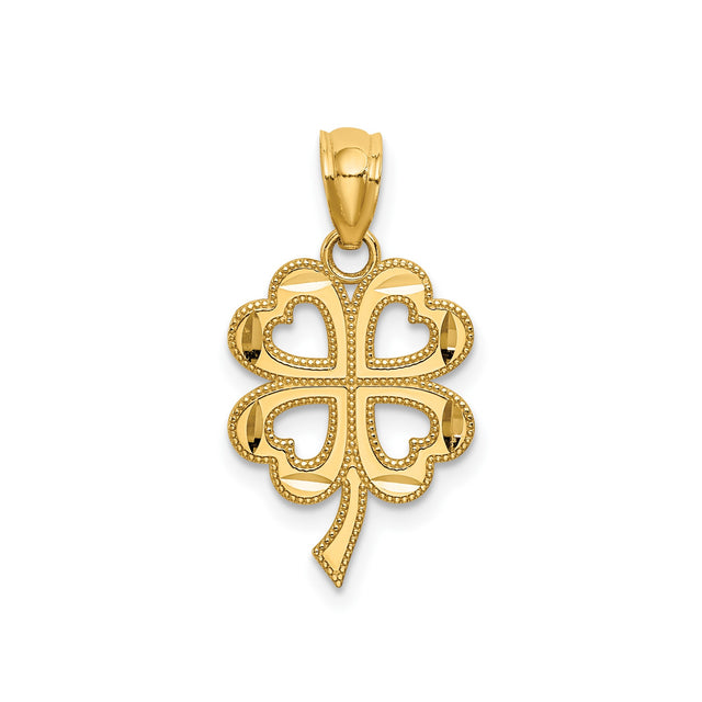 14k Yellow Gold Four-Leaf Clover Pendant with Heart-Shaped Leaves, Lucky Charm Jewelry for Women