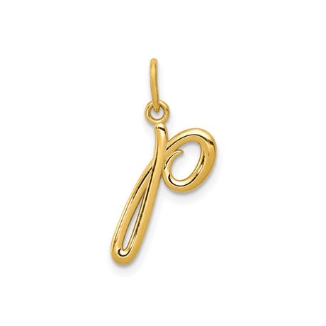 14k Yellow Gold Letter P Pendant, Cursive Script Initial Charm for Women