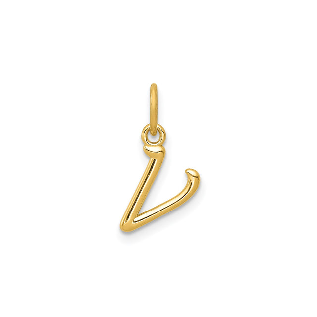 14k Yellow Gold Script Letter V Pendant, Polished Cursive Initial Charm for Women